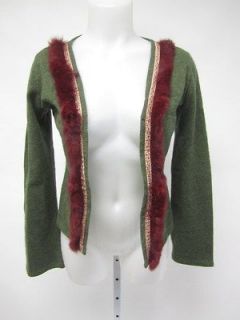 PARIS Dark Green Wool Tweed Faux Fur Trimmed Open Cardian Sweater Sz 2