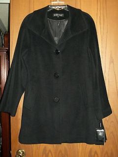 NWT Ellen Tracy $525 Black Wool Angora Collared Swing Winter Coat 12