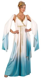 Womens Greek Goddess Costume Grecian Blue Fancy Dress Gold Leaf Robe