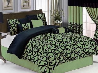 19 PC Green Black Comforter Curtain Sheet Set Queen Size New Bed in a