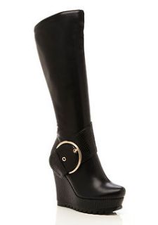 Black Wedge Fashion Boots High Heel Knee High Buckle Henry Ferrera NY