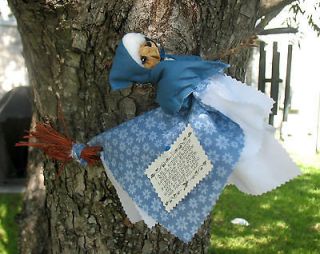 Apple head kitchen witch, Wiccan Doll Handmade, blue, white