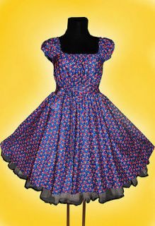 50s CHERRIES ROCKABILLY SWING DRESS Plus Size 24 26 28 Blue Red Pin Up