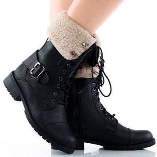 Black Faux Shearling Fold Over Winter Combat Lace Up Womens Flat Ankle
