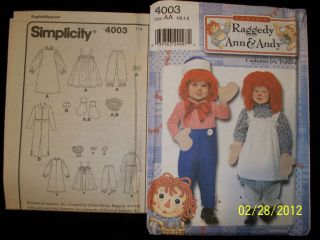 Halloween Raggedy Ann & Andy Costumes Sewing Pattern Toddler Sz 1/2,1