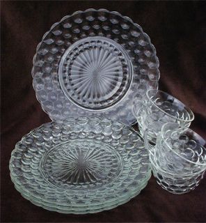 Anchor Hocking bubble glass 4 dinner plates 9 1/4 & 4 cups clear all