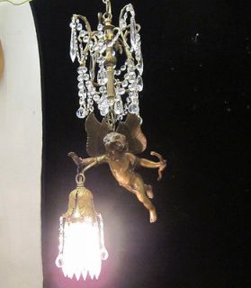 Cherub hanging Swag tulip vintage Lamp Bronze Brass Chandelier Crystal