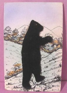 POSTCARD Diecut Wool Felt BEAR on Scenic Mountain Forest Art Card