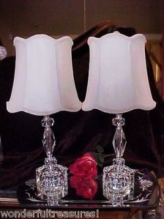 Vintage 40s 50s Boudoir CRYSTAL FACETED CUT Glass Lamps Silk Shades
