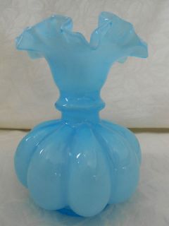 Newly listed Vintage Fenton Blue Milk Glass Overlay Ruffled Melon Vase