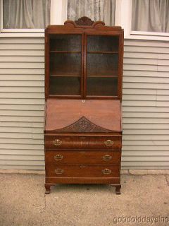 Antique Oak Secretary Drop Front Desk with 2 Glass Door Bookcase