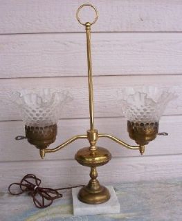 Vintage Double Student Lamp with Frosted Hobnail Glass Shades