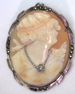 Antique Victorian DECO Silver Marcasite Cameo Pin Brooch Diamond