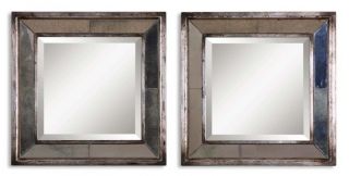 Pair Antique Silver Beveled Square Wall Mirror Tile