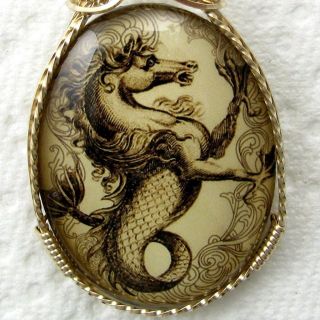 Pegasus Seahorse Glass Cameo Pendant 14K Rolled Gold Jewelry