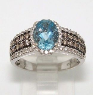 14K White Gold Aquamarine Chocolate Diamond Ring Size 6.5 With Papers