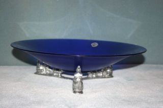 Arthur Court Elephant Blue Glass Bowl w/ Stand 1993