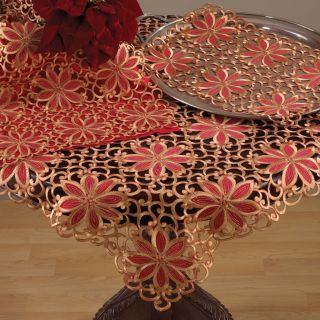 New Embroidered Christmas Poinsettia Design Red Gold Tablecloth 36 54