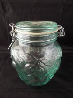 Hermetic Italy Small Glass Storage Jar with Clamp Lid Embossed Grape