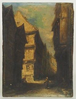 VERY GOOD DRAMATIC SMALL ANTIQUE OIL PAINTING STREET SCENE 18TH