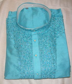 Blue Mens silk Kurta indian Designer Salwar kameez sherwani Plus