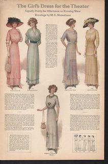 1912 WOMEN DRESS PATTERN THEATER FASHION CLOTHING FASHION HAT