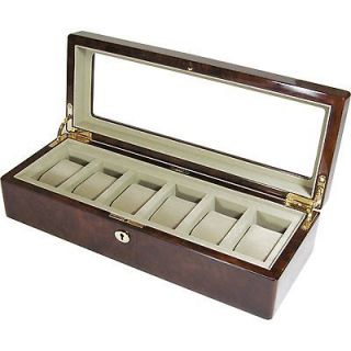 Camphor Burl Wood 6 Watch Storage Box with Glass Top by Hillwood