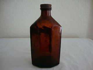 VINTAGE 8 Sided AMBER Brown Glass SQUIBB MEDICINE Bottle RUSTY LID