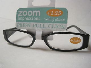 Zoom Impressions Reading Glasses +1.25 Black rhinestone Push Pull