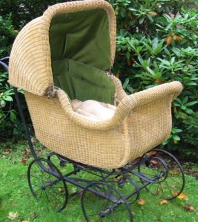 Whitney Wicker Baby Buggy Pram Baby Carriage w/Old Hand Made Doll
