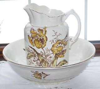 Antique Wash Bowl & Lrg Pitcher Set Yellow Iris Brown Leaves EXC Cond