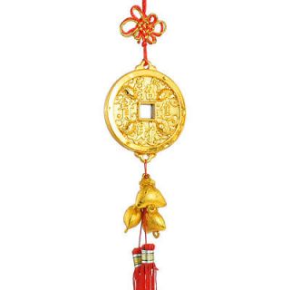 Auto Car Decor Gold Tone Round Board Double Red Tassels Chinese Knot
