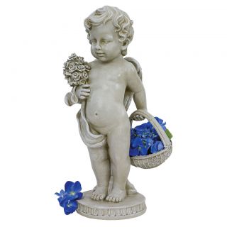 Chubby Putti Cherub with Basket & Posies Sculpture Baby Angel Statue