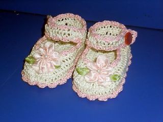 CROCHET BABY GIRL DOLL BOOTIES SHOES ANTIQUE WHITE & PINK MJ
