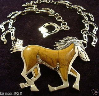 TAXCO MEXICAN STERLING SILVER YELLOW JASPER HORSE HORSESHOE NECKLACE