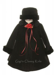 New Black Baby Girls A Line Fleece Coat with Black Fur Trim and Hat