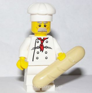 LEGO CHEF COOK BAKER MINIFIGURE WITH LOAF BREAD BAGUETTE CITY TOWN