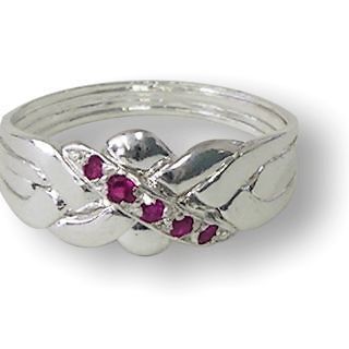 Silver & Ruby Turkish Puzzle Ring 4 Band Silver Plated 5 Accent Rubies