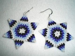 Beaded Native American Lakota Star Earrings, Blue