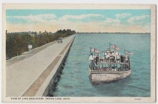 Old INDIAN LAKE Ohio Postcard EVELYN EXCURSION BOAT Lake Boulevard