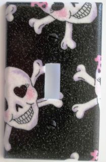 Girl Pink Glitter Skull & Cross Bone Heart Light Switch Plate Cover