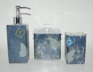 VALERIE BERTINELLI VINTAGE MOMENTO 3 PC BLUE GLASS SET SOAP DISPENSER+