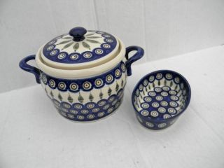 Polish Pottery Stoneware Bean Pot Oval Dish Peacock Pattern Blue