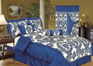 5Pcs Twin Louisa Flocking Blue Bedding Comforter set