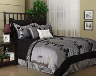 Wendy Silver/Black 7 piece Comforter Set bed in a bag KING / QUEEN NEW