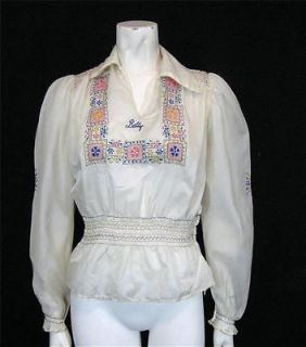 Vtg White Silk Sheer Mexican Peasant Embroidered Top Shirt Blouse