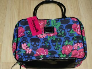 NWT BETSEY JOHNSON BLUE FLORAL TRAIN CASE SKULLS COSMETIC BAG
