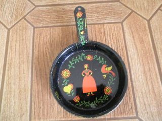 Vintage Small Black Metal Fry Pan with Bird Woman and Heart Decoration