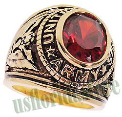 Mens Siam Red US Army Military 18kt Gold Plated Ring
