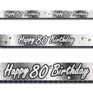 9ft Happy 80th Birthday BLACK Stars Party Foil Banner Decoration